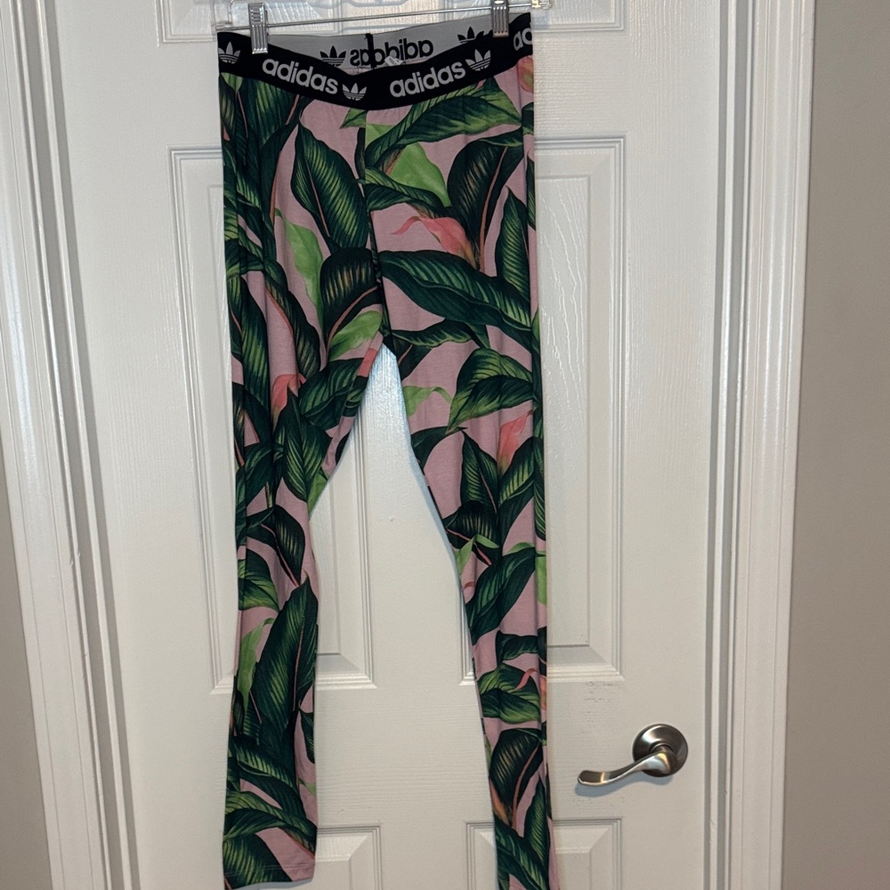 Adidas Leaf Print Leggings - Green and Pink